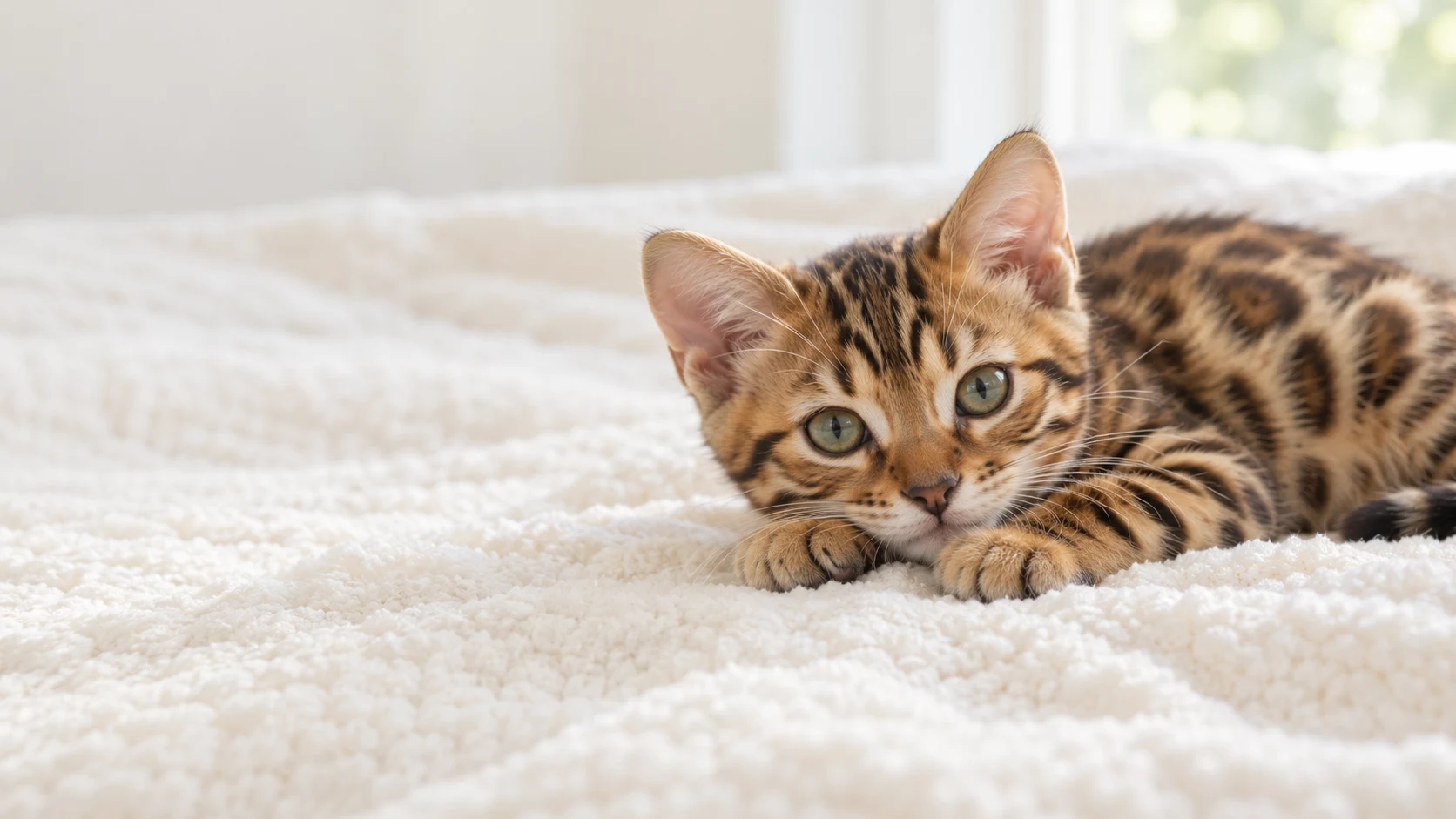 白いブランケットでくつろぐベンガルの子猫のイメージ